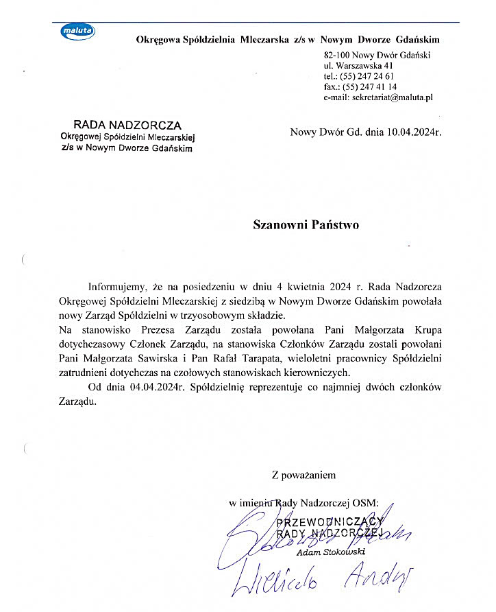 Komunikat Rady Nadzorczej